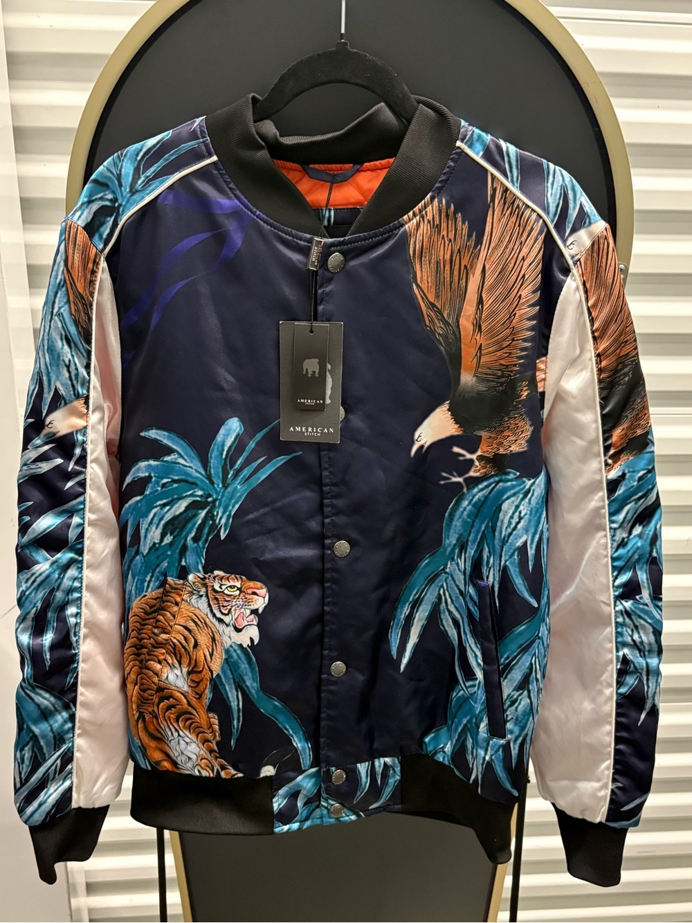 NWT American Stitch Tiger Eagle Satin Bomber L